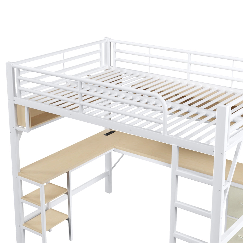 LETTO a soppalco 140x200 cm in metallo e MDF bianco con scrivania, libreria, LED e USB
