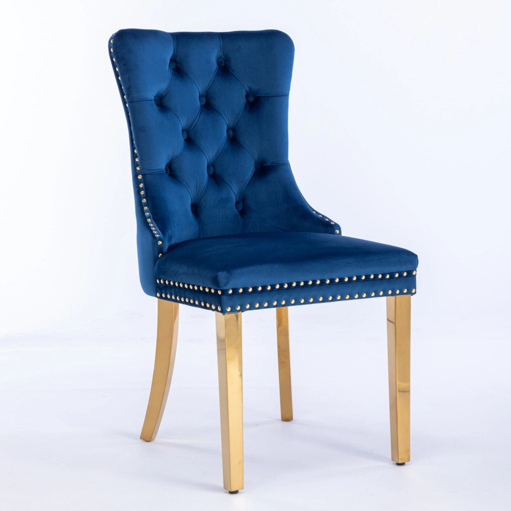 Sedie da Pranzo Imbottite in Velluto ¨C MINIMAL ¨C Set 2, Legno Massello, Gambe Oro, Blu