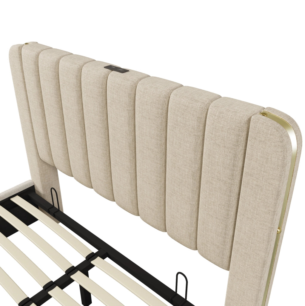 Letto matrimoniale imbottito 160x200 cm con testiera USB e contenitore idraulico