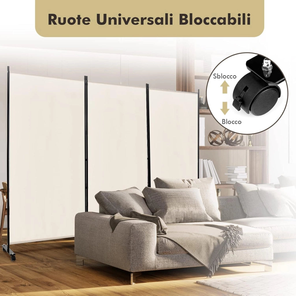 Paravento da Interno in Metallo, Separé Divisorio Interno Pieghevole con Piedini Stabili, Pannelli Divisori per Interni per Casa e Ufficio (Beige, 262 x 180 cm (3 Pannelli con ruote))