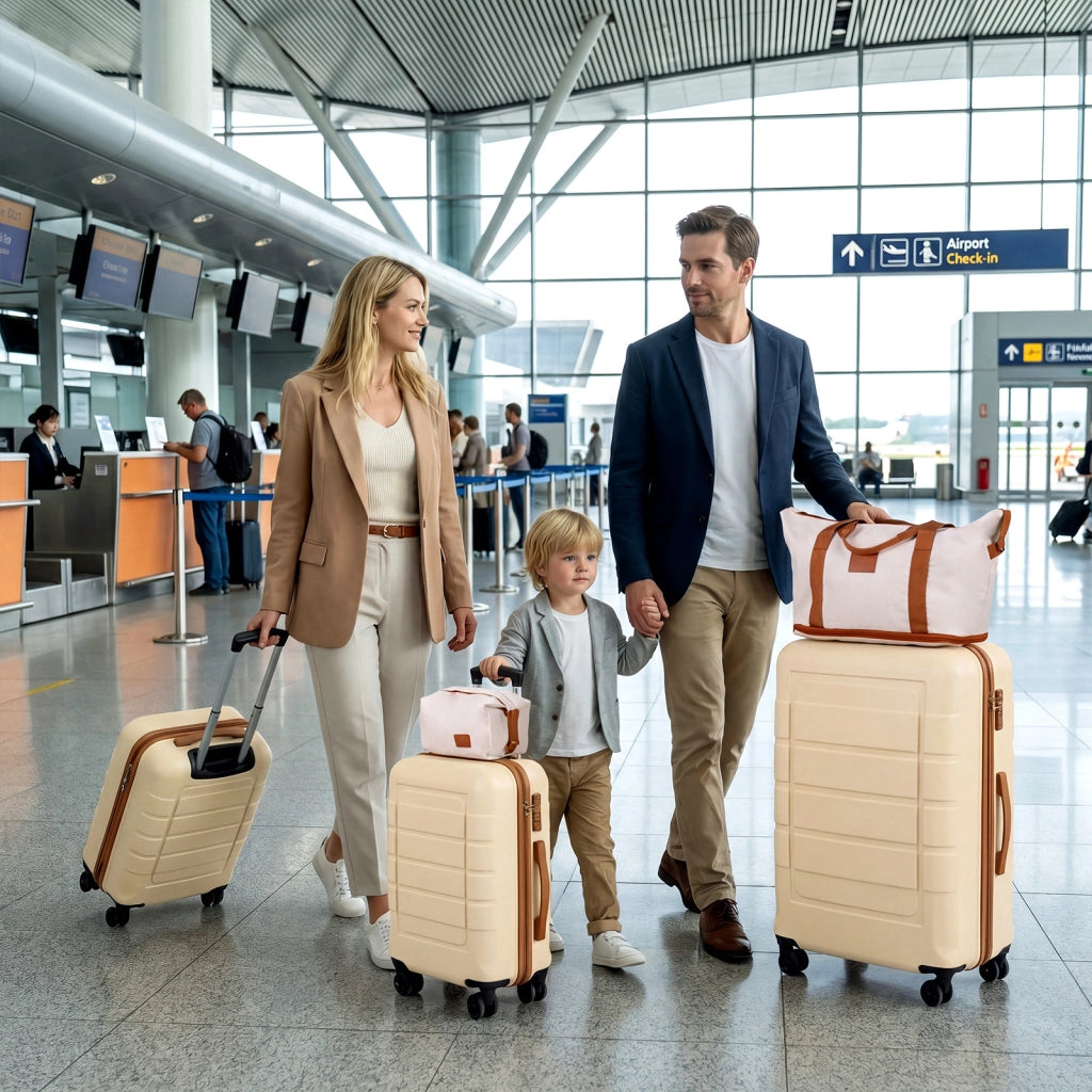 Set di 5 pezzi valigie da viaggio con 1 bagaglio a mano e 1 borsetta lucchetto a codice, Set 3 valigie rigide in abs Beige