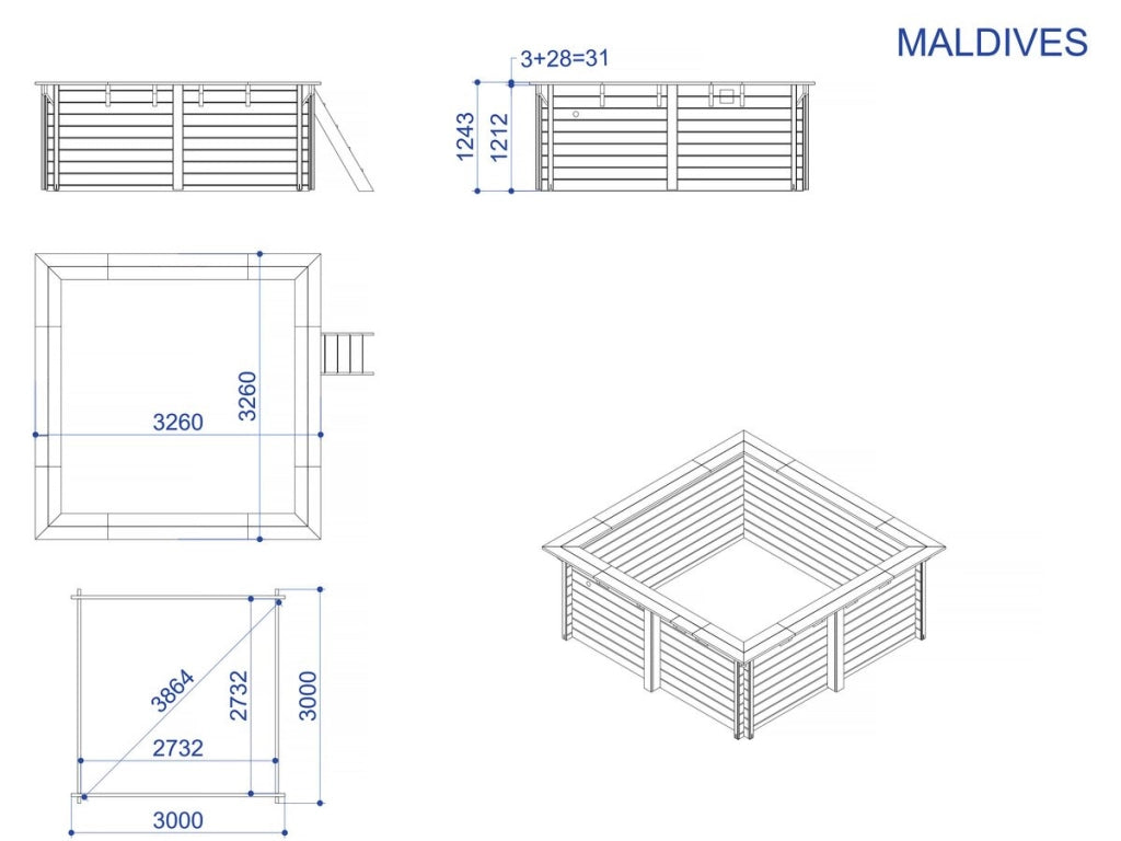 Piscina rettangolare in legno "Maldive" - ??3,20 x 3,20 x 1,24 m + copertura a bolle da 180 µ - copertura invernale da 280 g/m²