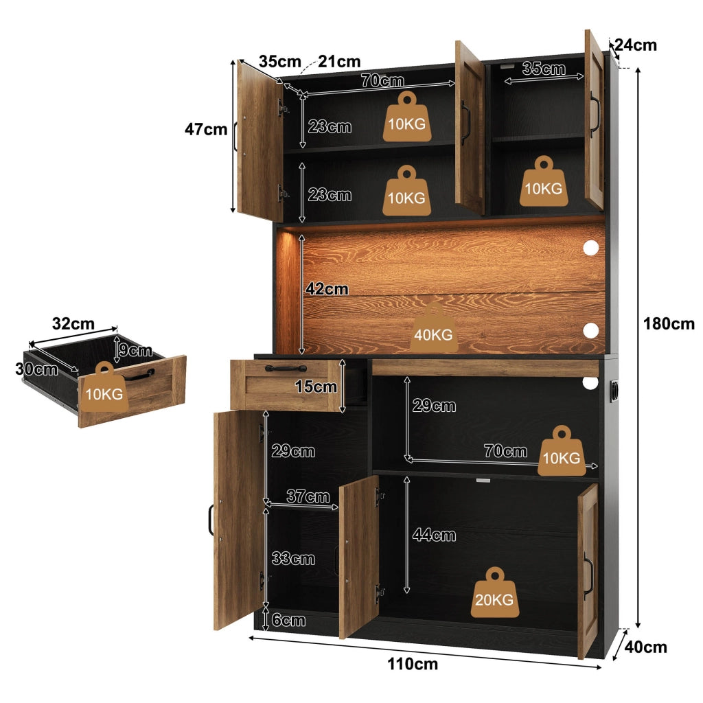 Mobile da cucina con LED RGB; prese USB e ripiani regolabili 110x40x180 cm; MDF naturale e nero
