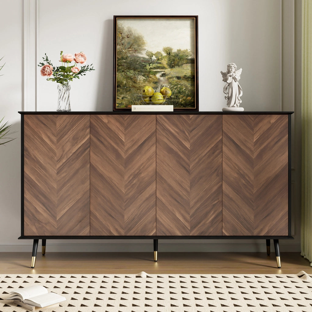 Credenza moderna 140x40x80 cm con 4 ante; ripiani regolabili in MDF nero e marrone