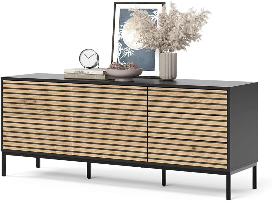 Lowboard Eliza, Quercia dorata/antracite, 150 x 60 cm con 3 cassetti, utilizzabile come supporto TV e per la conservazione