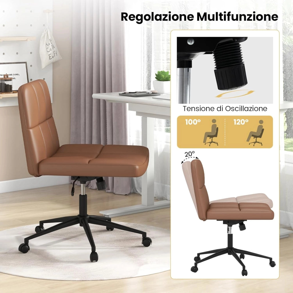 Sedia da Ufficio con Ruote, Sedia Scrivania a Gambe Incrociate Rivestita in Similpelle, Sedia Ufficio con Altezza e Regolabile Regolabile, Sedia senza Braccioli, Portata 150 kg (Marrone)