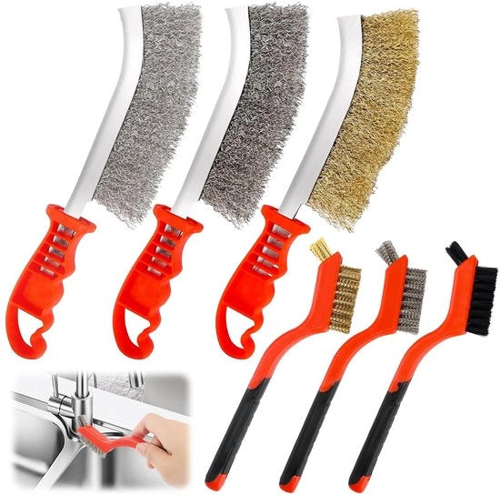 Set di 6 spazzole a filo - Acciaio inossidabile / Spazzola in acciaio / Ottone / Nylon - Piccola spazzola a filo con manico curvo per la pulizia di residui di vernice / Ruggine - Colorazione legno