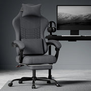 Sedia da ufficio gaming ergonomica con poggiatesta, supporto lombare, poggiapiedi e braccioli in tessuto nero con ruote
