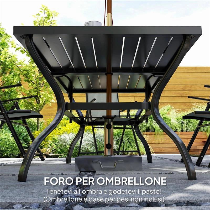 SET DA GIARDINO 7 PEZZI CON TAVOLO DA PRANZO CON FORO PER OMBRELLONE E 6 SEDIE PIEGHEVOLI GRIGIO