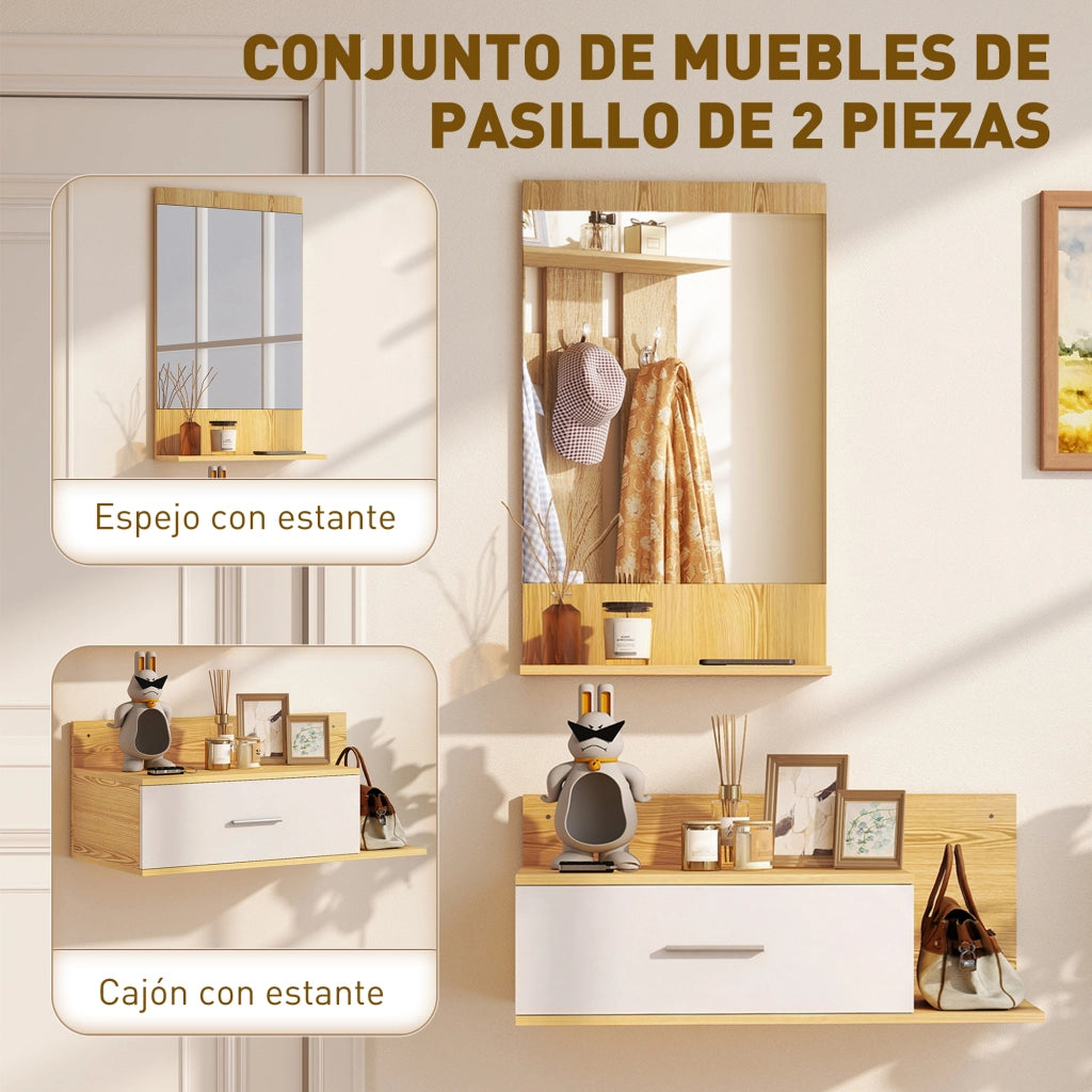 Specchio con cassetto e ripiani per ingresso ¨C zephmum ¨C legno naturale