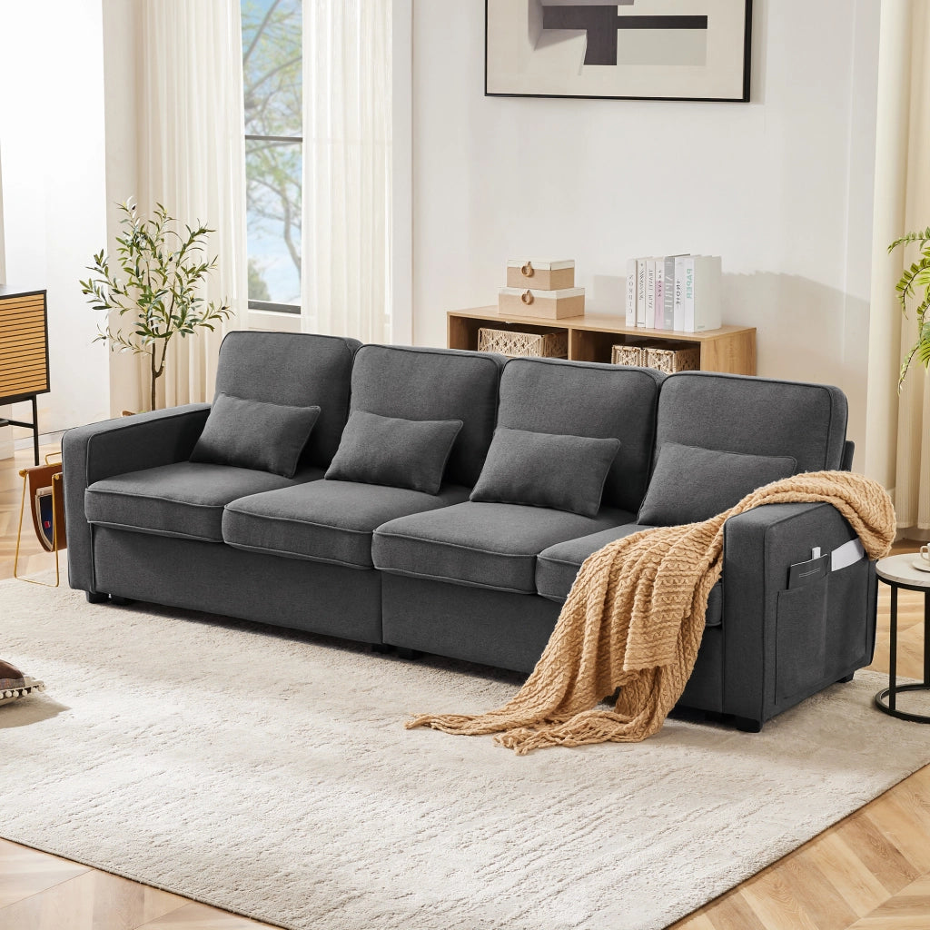 SOFA 4 Posti 264x83x87 cm Tessuto in lino Grigio scuro con 4 cuscini