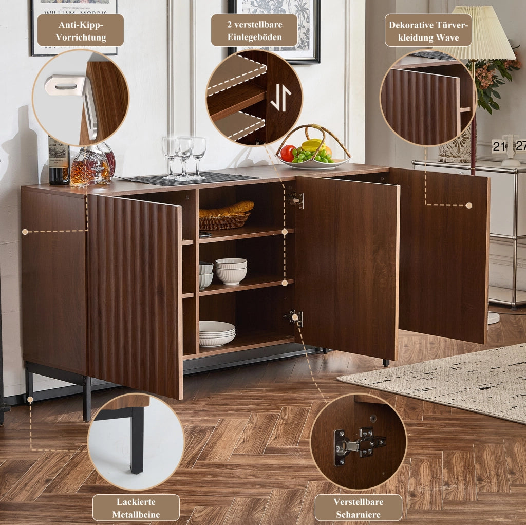 Sideboard 150x40x80 cm in MDF con design ondulato 3D e 2 ripiani regolabili
