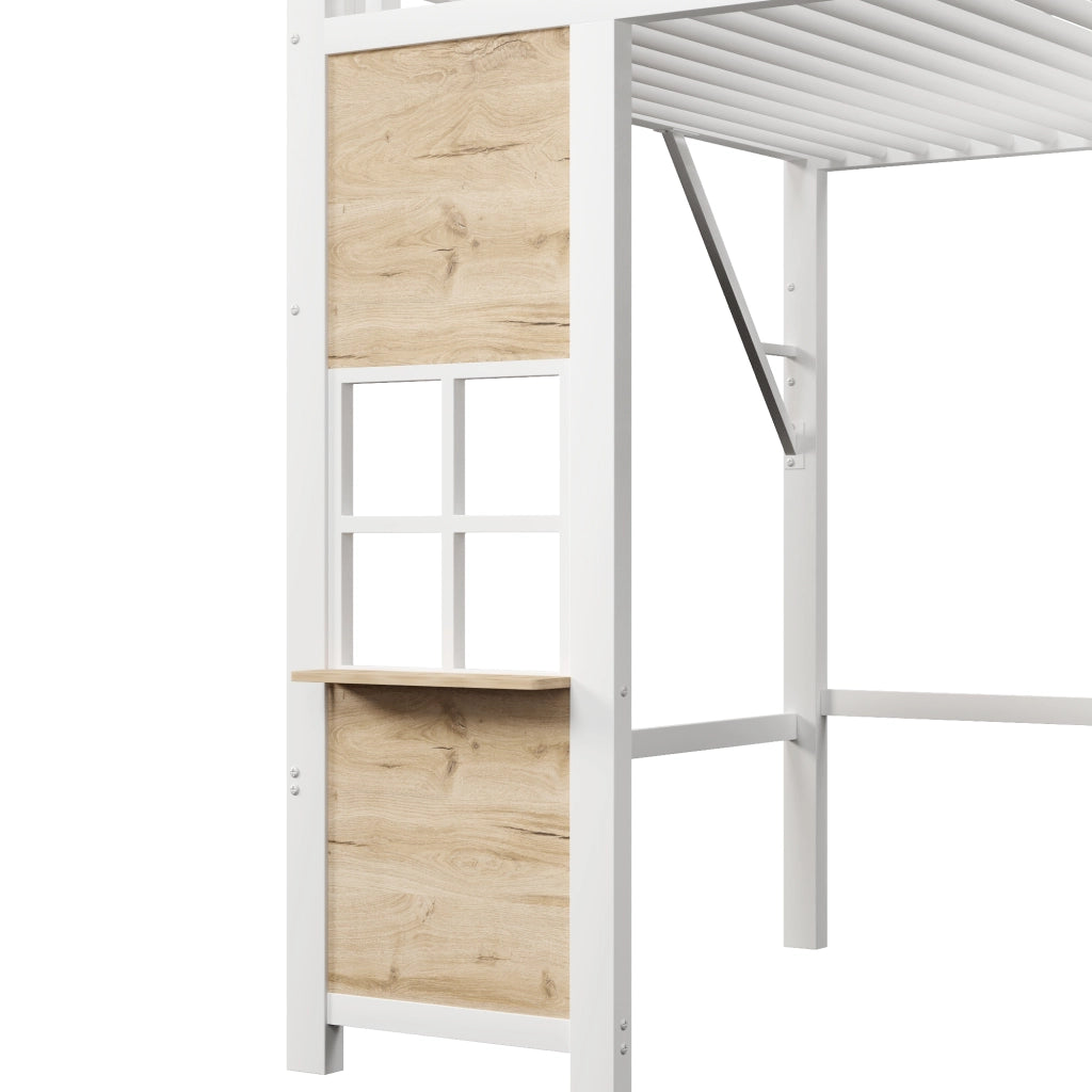 Letto a soppalco 140x200 cm con scala contenitore; finestra; spazio libero sottostante e parapetto; metallo bianco