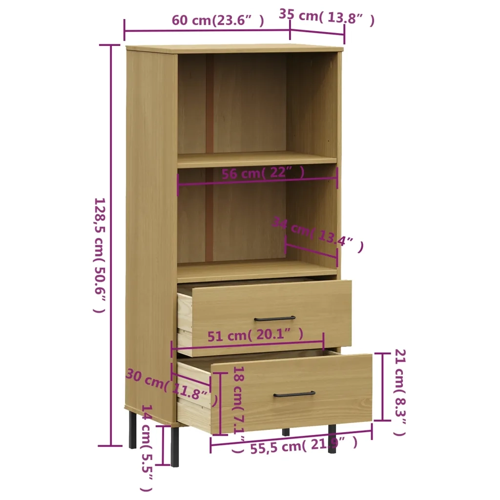 Libreria 2 Cassetti Marrone 60x35x128,5 cm Legno Massello OSLO 351009