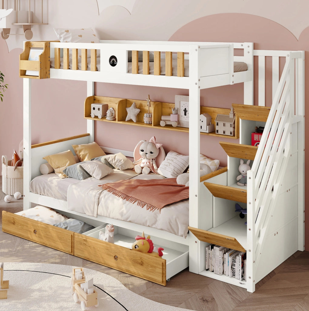 Letto a castello 90x200 cm con scala contenitore, cassetti e lavagna, bianco naturale