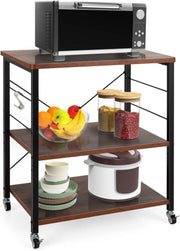 Carrello da Cucina a 3 Livelli con Ripiani Regolabili, Carrello Portaoggetti con 10 Ganci Rimovibili, per Supporto per Microonde, per Cucina e Sala da Pranzo, 60 x 40 x 73 cm (Marrone)