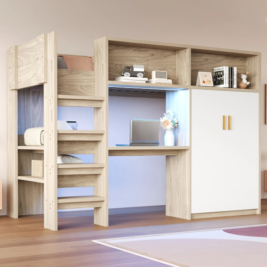 Hochbett multifunzionale 90x200 cm in legno naturale con scrivania; armadio; scaffali e LED