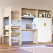 Hochbett multifunzionale 90x200 cm in legno naturale con scrivania; armadio; scaffali e LED