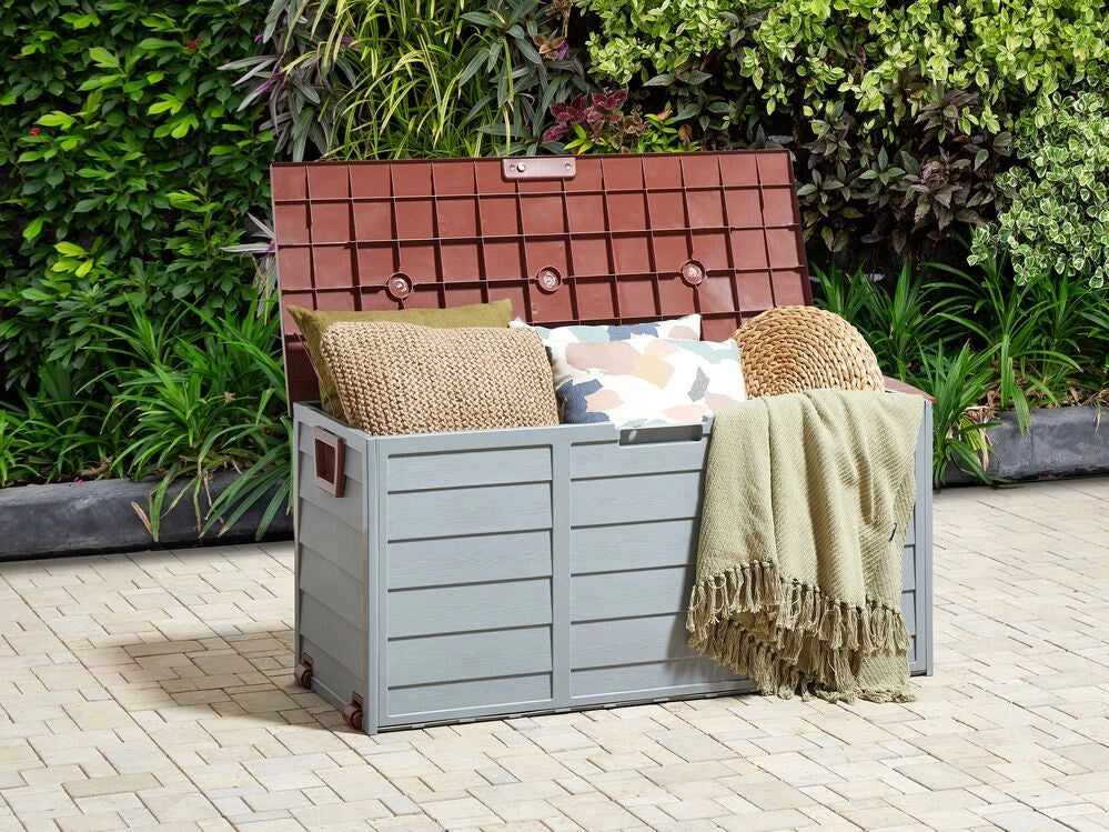 Cesta baule portaoggetti da giardino in plastica grigio marrone 112 x 50 cm con manici ruote Cassetta degli attrezzi da esterno