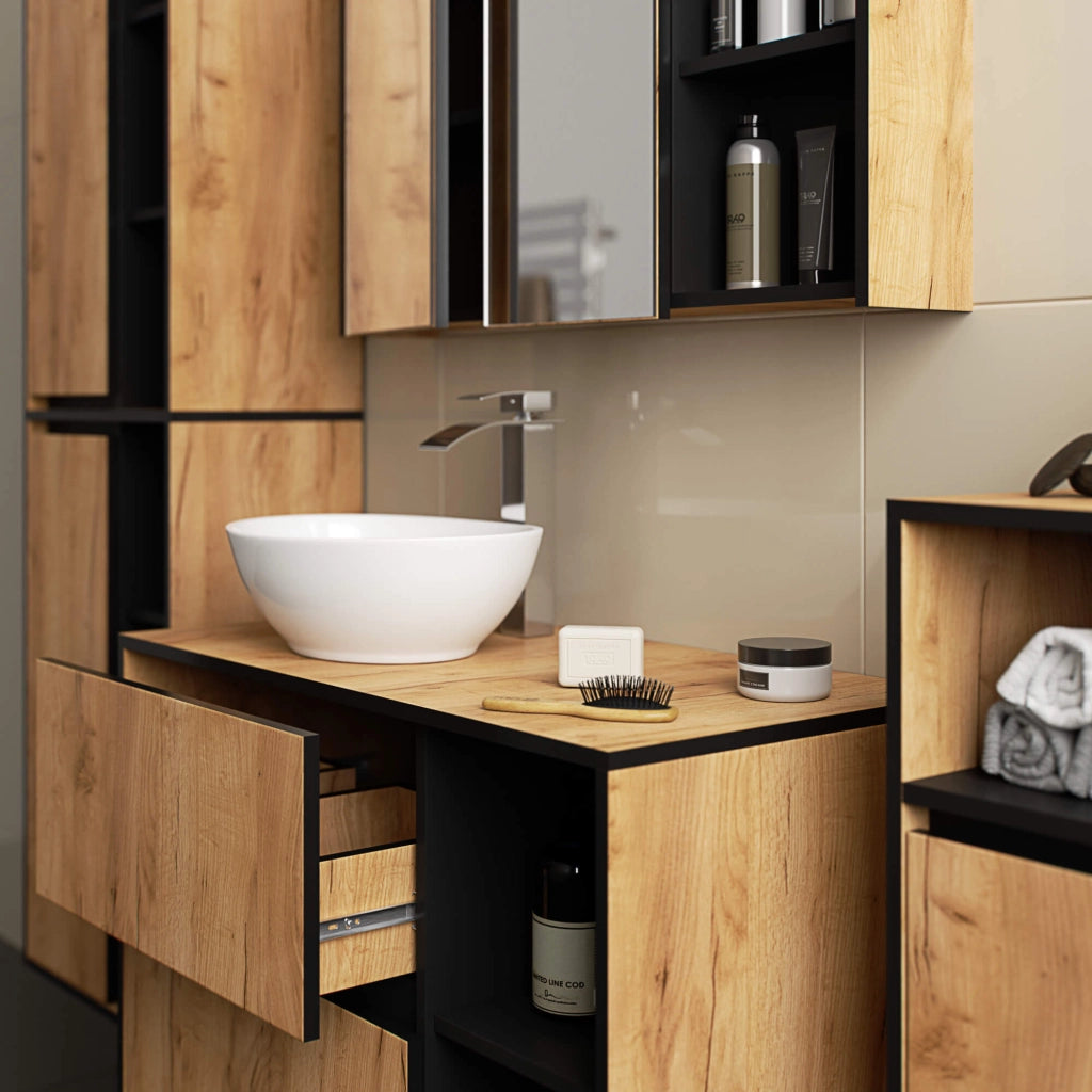 Pensile bagno con specchio VAMI Rovere Craft, Nero 90 cm 2 ante 90x15x75 cm