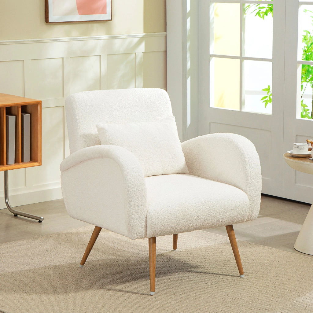 Poltrona imbottita con rivestimento in boucl¨¦ e cuscino lombare ¨C Zephmum ¨C Crema metallo