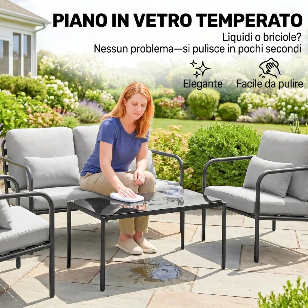 Set 4 Pezzi Salotto da Giardino con Divano 2 Posti 2 Poltrone e Tavolino in Acciaio Grigio Chiaro