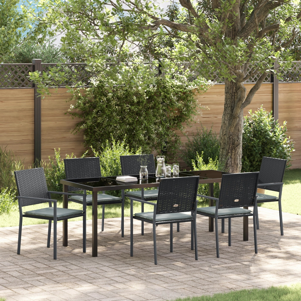 Set da pranzo da giardino 7 pezzi con cuscini in polirattan nero