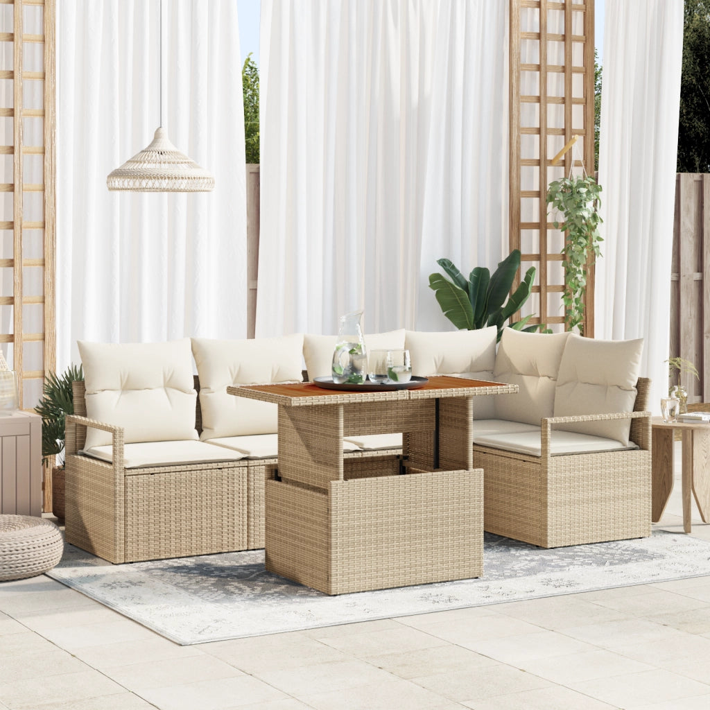Set Divano da Giardino 6 Pezzi con Cuscini Beige Rattan Polimerico