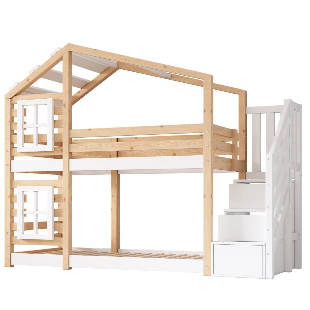 Letto a castello per bambini a tema casetta sull’albero 90x200 cm in legno massello e MDF, naturale e bianco