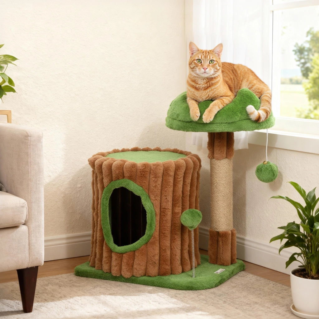 Letto per gatti con tiragraffi e casetta ¨C Zephmum ¨C Marrone e verde 53 cm