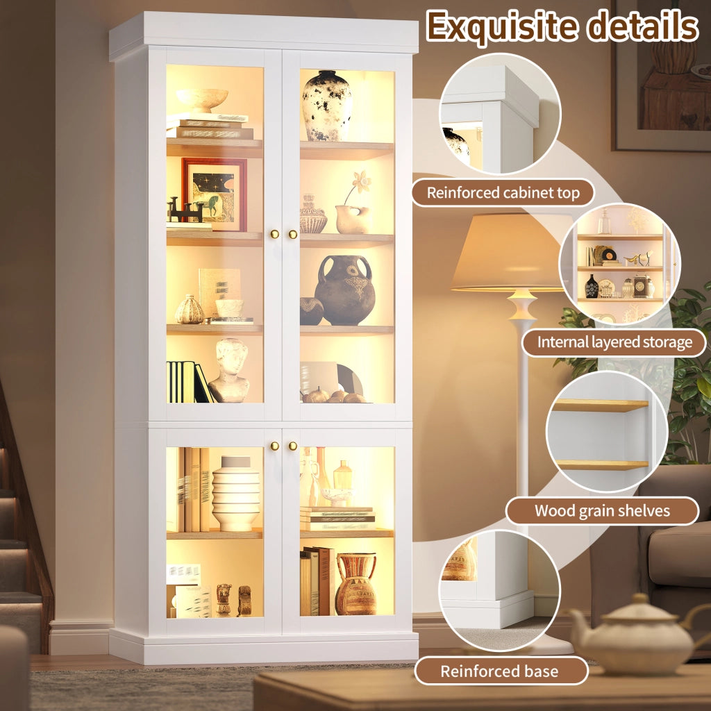 Armadio con ripiani regolabili e LED; con vetro - per soggiorno - in MDF e vetro - 80 x 40 x 180 cm - bianco