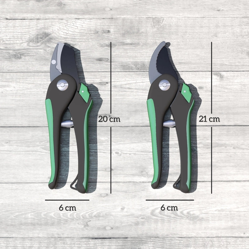 Set di cesoie da giardino 2 pezzi con lama bypass e a incudine, impugnatura ergonomica, verde/nero