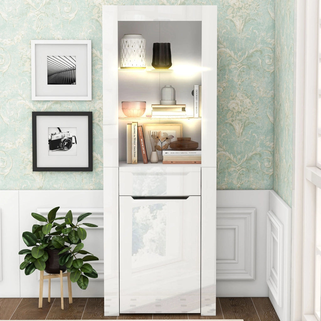 OKWISH Vetrina con 1 Cassetto e 2 Ripiani, LED con App, per Soggiorno o Ufficio, 60 x 35.5 x 165 cm, Bianca