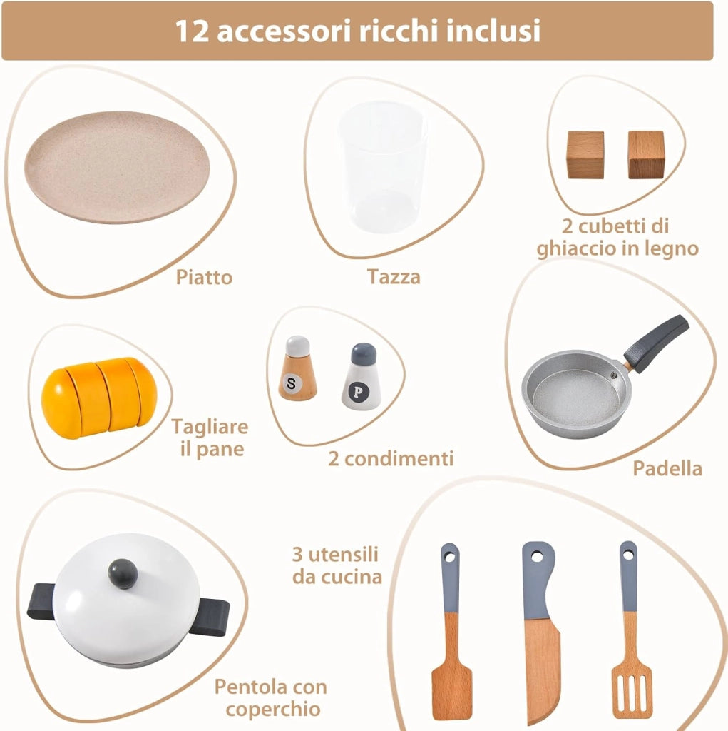 Cucina per Bambini in Legno con Funzione Luci e Suoni, Frigorifero, Macchina del Ghiaccio, Forno, Microonde, Lavello e Rubinetto, 3+ Anni