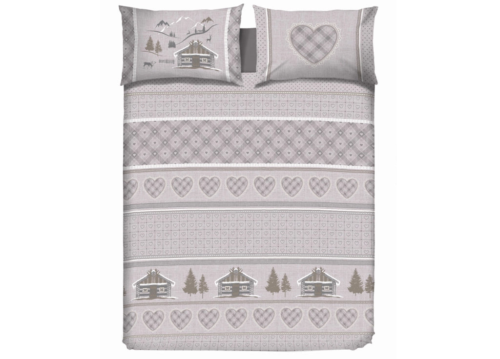 Copripiumino Sacco Piumone Cotone Flanella Pensieri Delicati Disegno Chalet - Matrimoniale - Beige
