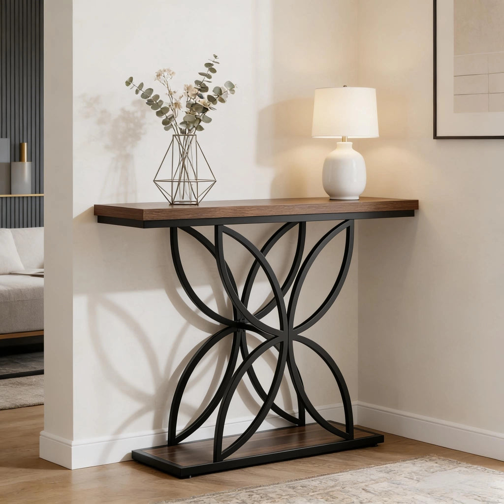 Consolle con base in metallo a farfalla e piano in MDF; stile industriale; per ingresso e soggiorno; 134×36.5×18 cm