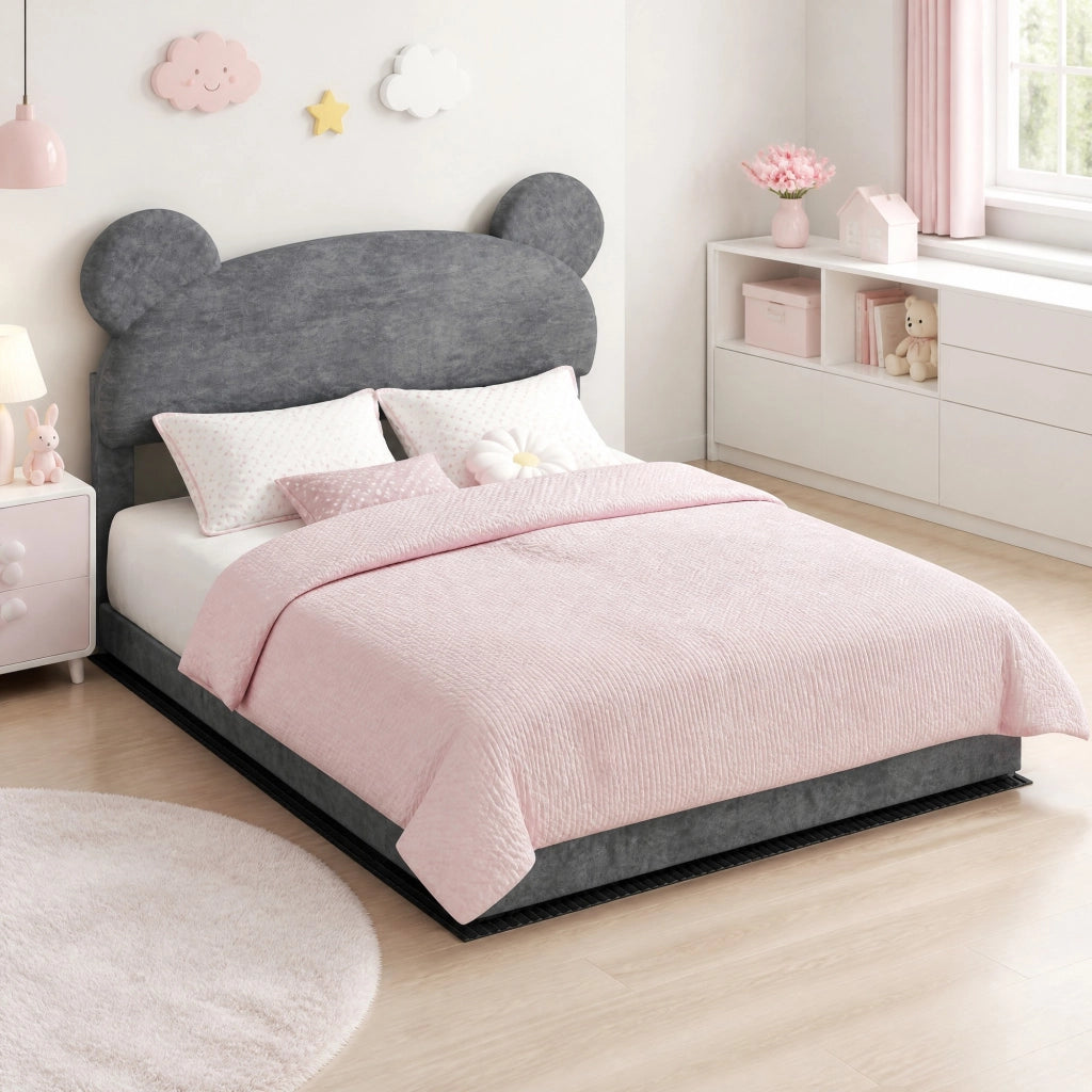 Letto contenitore 140 × 200 cm 2 posti con apertura pneumatica e testiera ludica, senza materasso, grigio