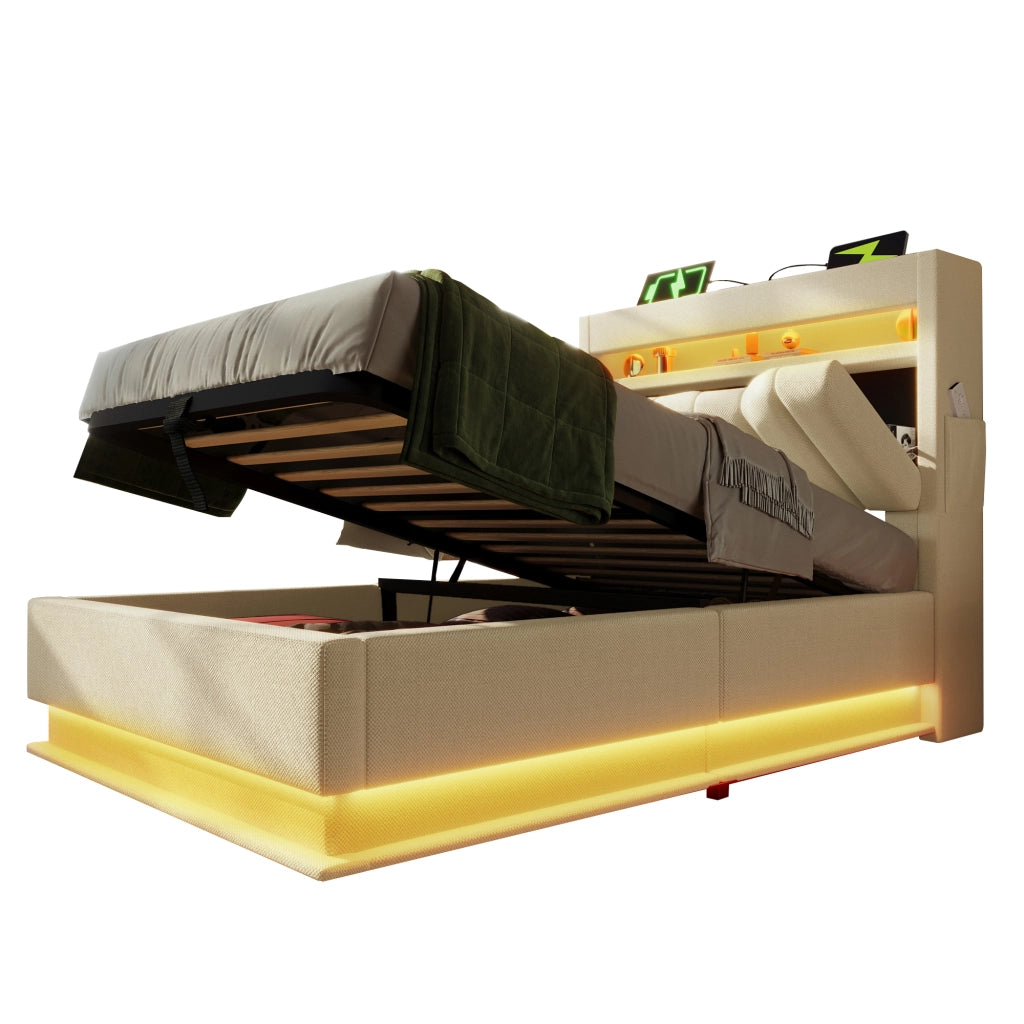 Letto singolo – 90x200 cm – USBC LED testa/piedi contenitore – lino beige