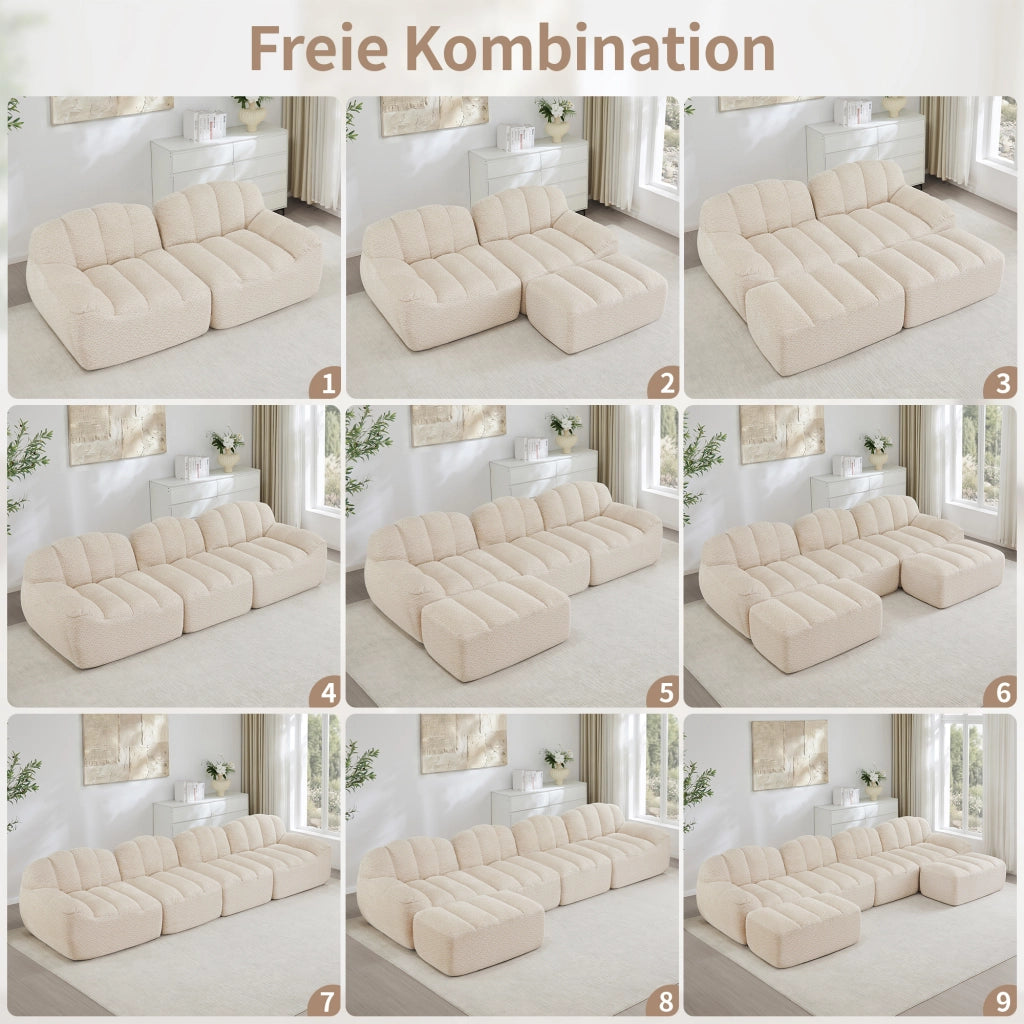 Divano modulare con 2 ottomani, forma ergonomica in pile granulato beige bianco per soggiorno e appartamento