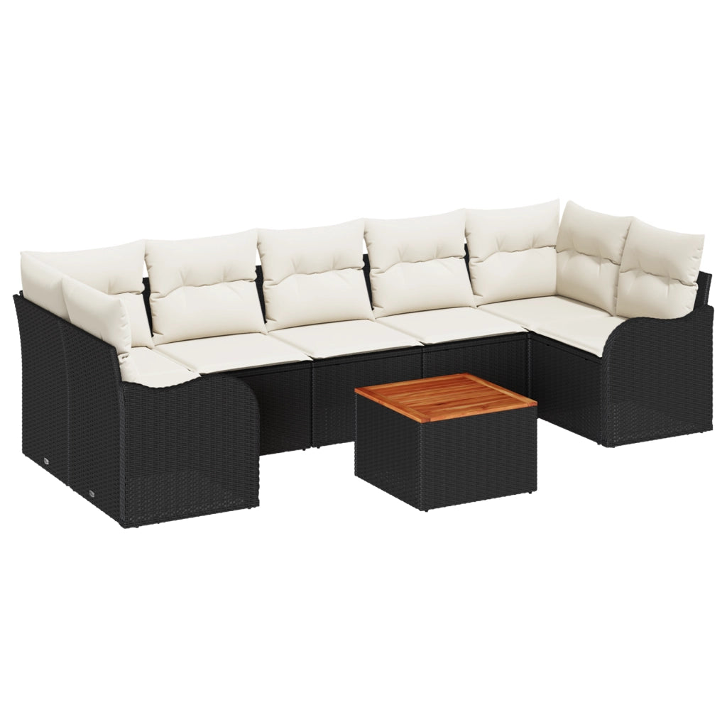 Set di Divano da Giardino da 8 Pezzi con Cuscini Nero Polyrattan Acacia