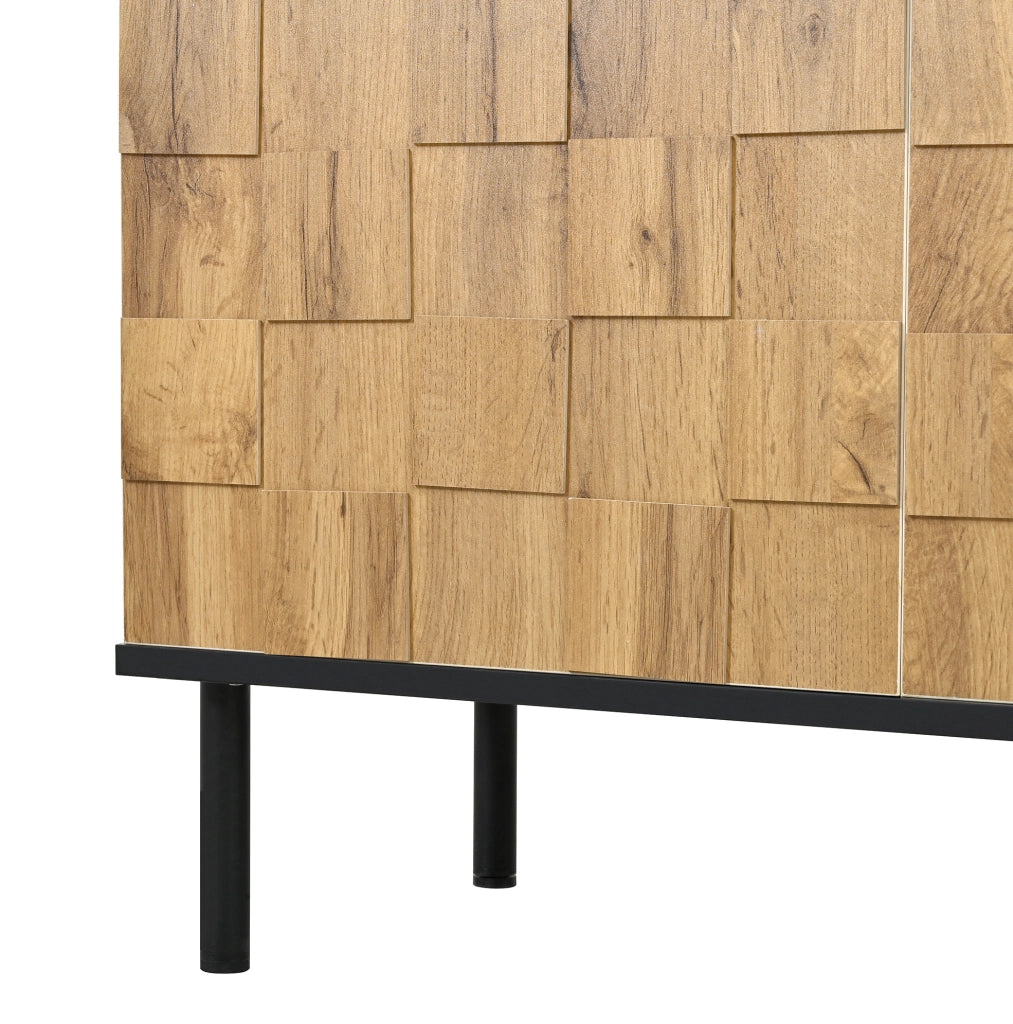 Sideboard 160x35x80.5 cm con 2 ante a mosaico e ripiano fisso in truciolare naturale e nero