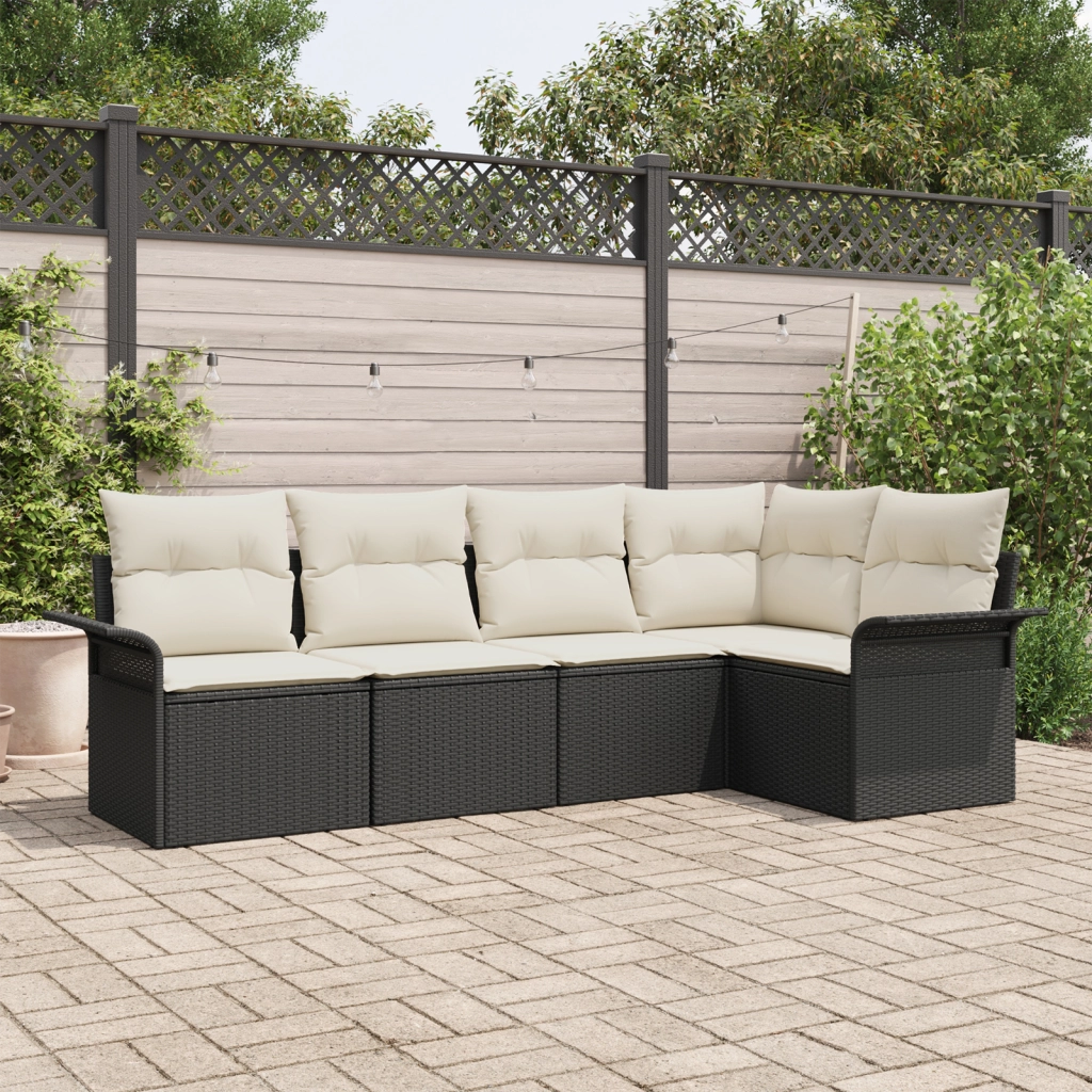Set Divano da Giardino  5 Pezzi con Cuscini Nero Polyrattan