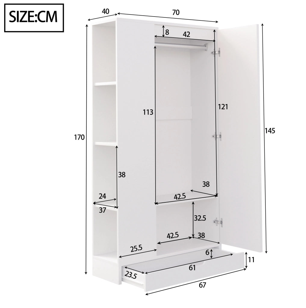 Armadio 70x40x170 cm con ripiani e anta in legno bianco