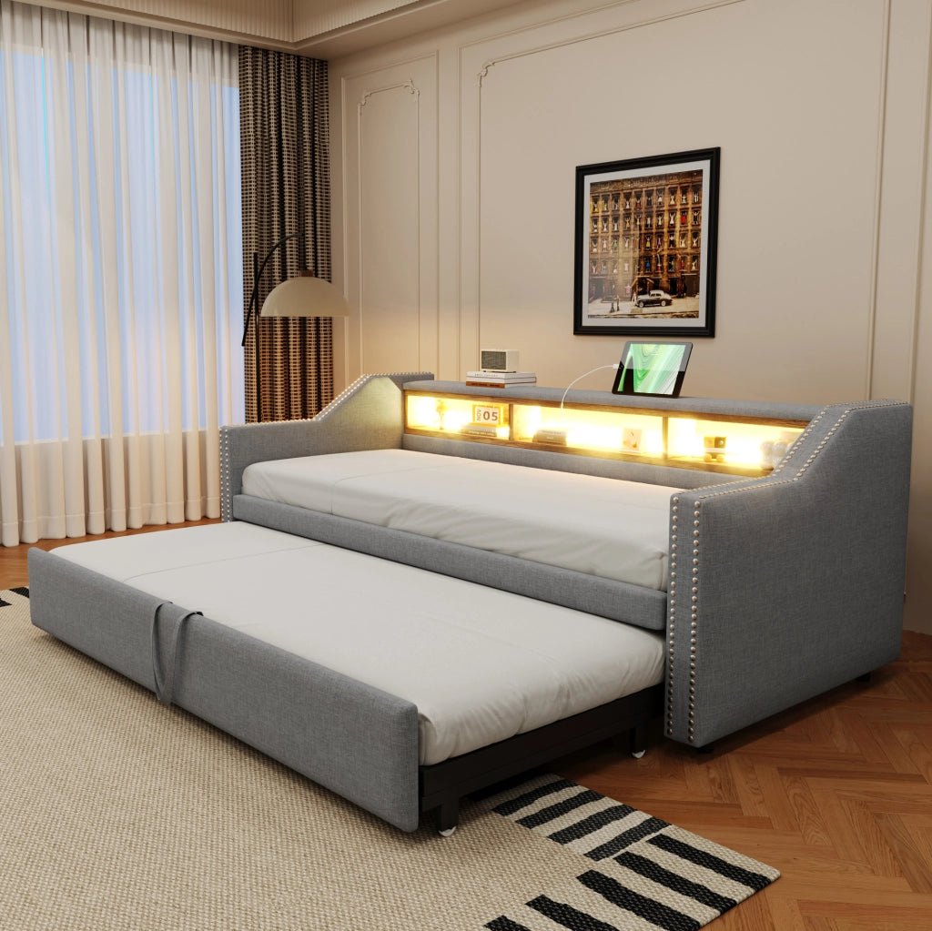Divano letto imbottito estraibile 90/180x190 cm grigio chiaro