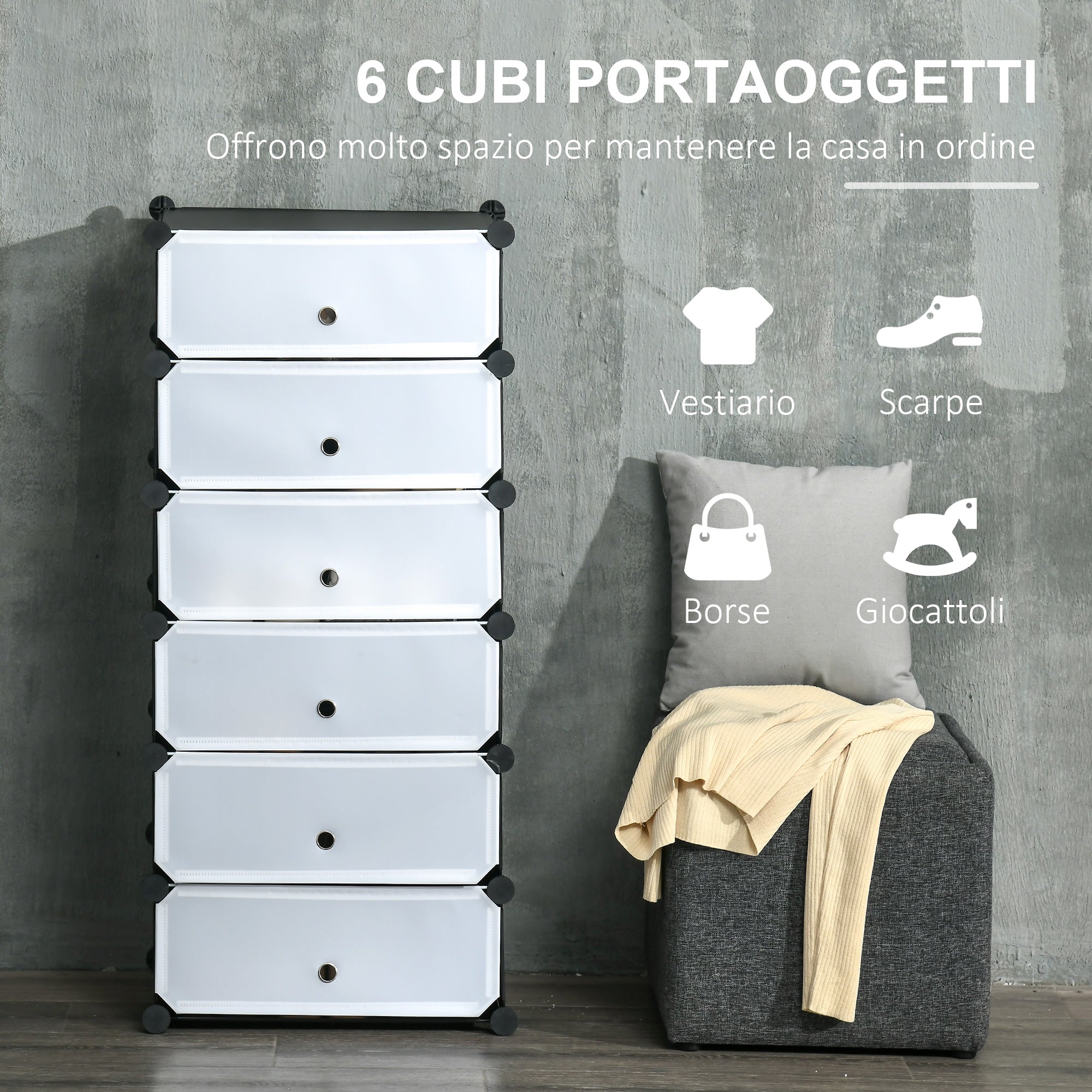 Scarpiera Modulare Salvaspazio 49x36.5x108 cm con 6 Scatole in Plastica PP e Acciaio Nero e Trasparente