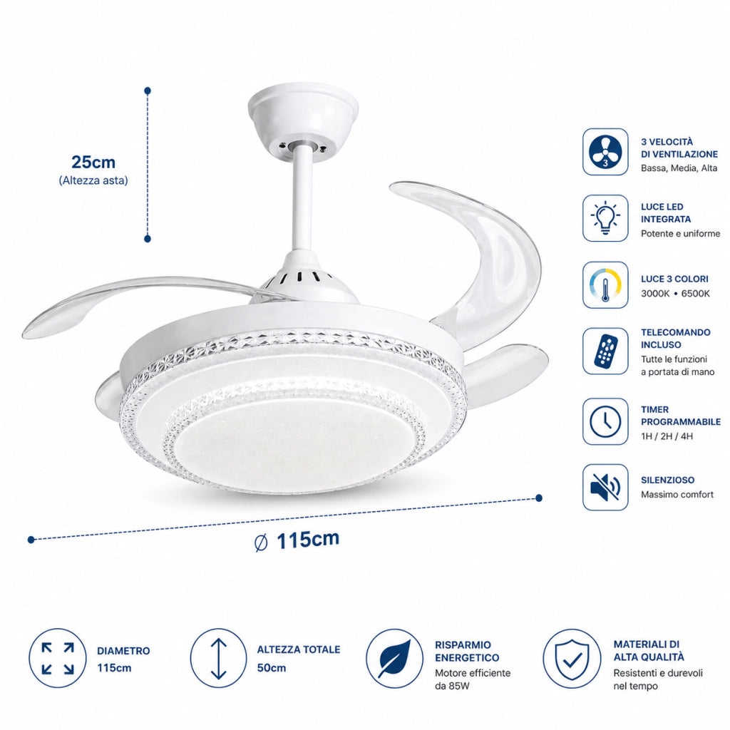 VENTILATORE SOFFITTO LUCE LED 85W PALE SCOMPARSA 48" TELECOMANDO SJ-195
