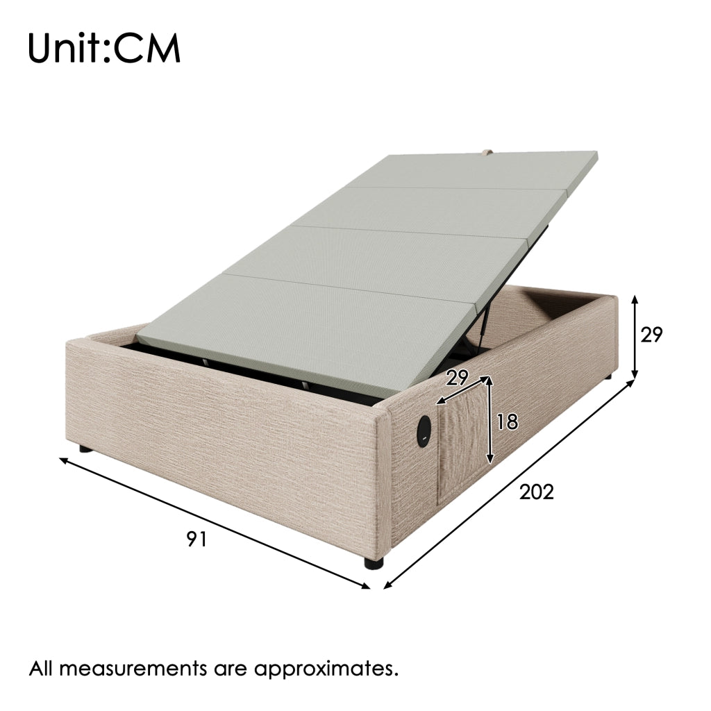 Letto Contenitore Letto Singolo; USB; USB-C e Tasca Laterale; 90 x 200 cm; senza Materasso; in Lino; Beige Naturale