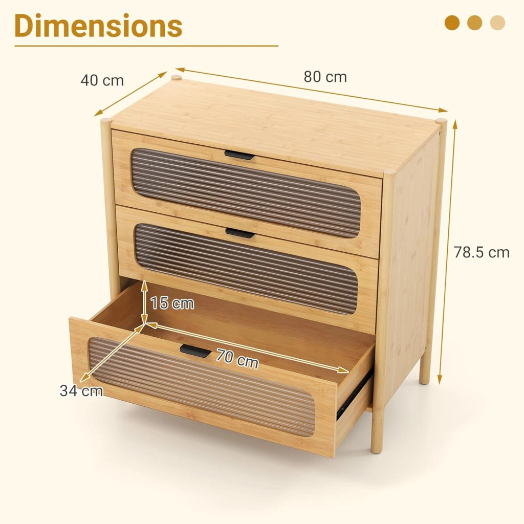 Cassettiera in bambù a 3 cassetti, comodino a 3 livelli con kit antiribaltamento e decorazione in vetro temperato, mobile portaoggetti in legno per camera da letto e soggiorno, naturale
