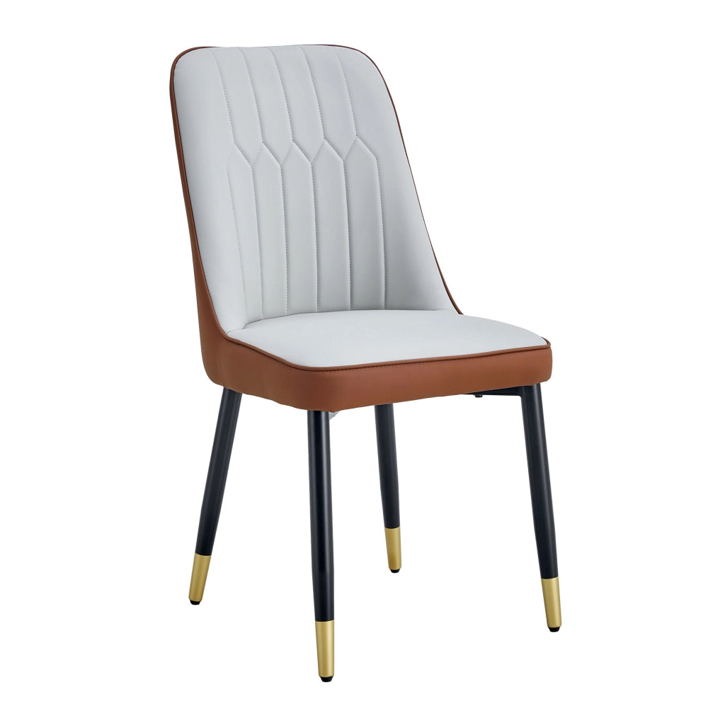 Sedia da pranzo in PU con schienale ergonomico e gambe in metallo; grigio chiaro e marrone