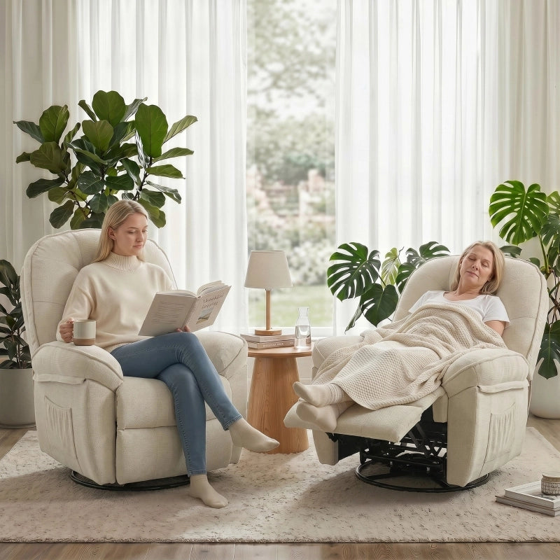 POLTRONA Relax girevole con funzione dondolo e reclinabile, Tessuto Chenille Crema